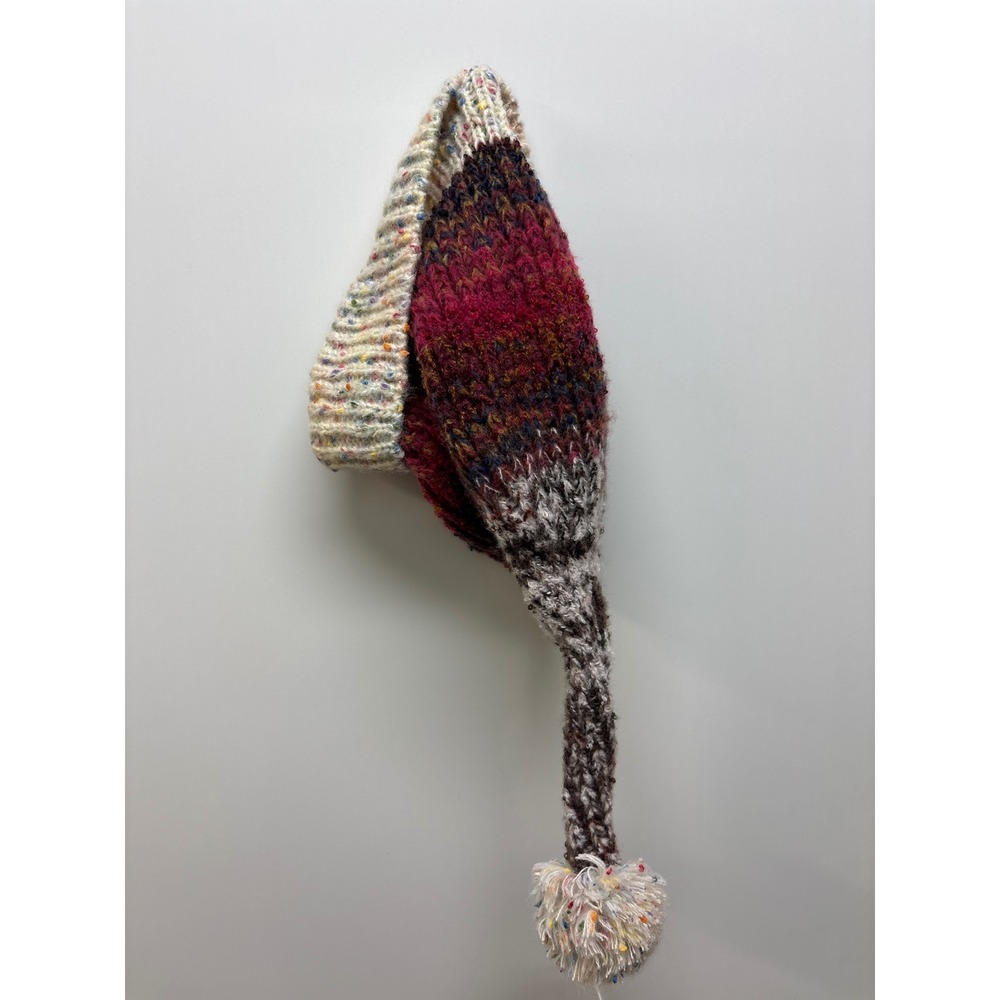 Handmade Chunky Knit Stocking Cap Long Tail Pom Beanie Burgundy Cream Multicolor